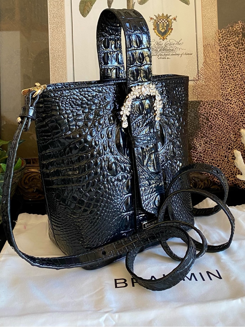 BRAHMIN BLACK LUXE FAITH HANDBAG ~SWAROVSKI CRYSTALS (($365)) Luxury Black Croc - Picture 4 of 14